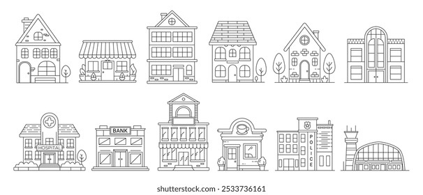 Set of Various home and public building outline doodle illustration