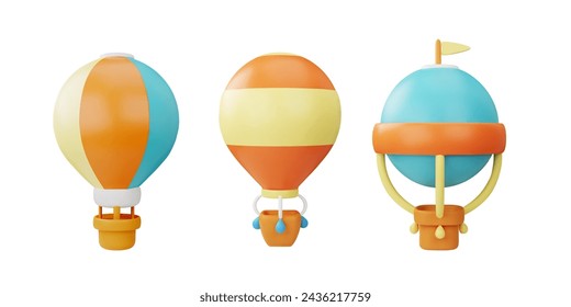 Set of various hot air balloons with basket 3D vector illustrations set. Cartoon render aerostats, heaven discovery or adventure symbol. Air transport plastic toys. Balloon festival