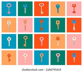 Set Of Various House Key Silhouette. Different Square Posters With Hand Drawn House Keys. Modern Door Keys Isolated On Colored Background.