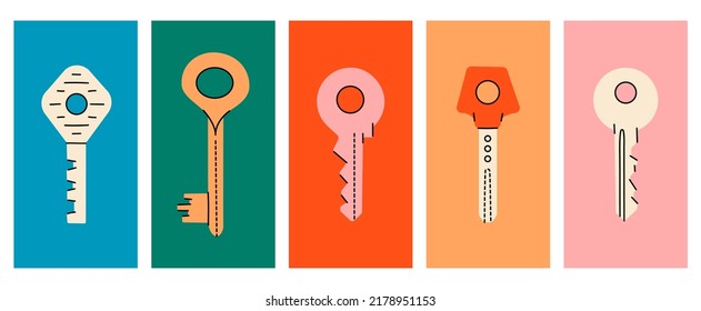 Set of various house keys. Colored posters with hand drawn house keys. Different door keys isolated on colored background. Home security illustration