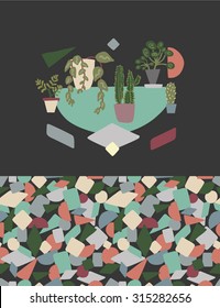 Set of various house plants and geometric seamless pattern 1