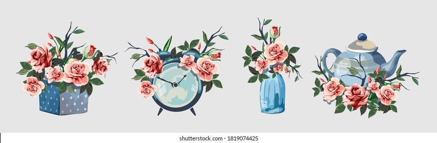 Set with various household items decorated with flowers. Cute little romantic pictures with flowers. Alarm clock, gift box, bottle, teapot. Beautiful pink roses.Isolated