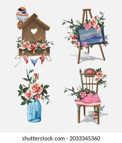 Set with various household items decorated with flowers. Cute little romantic pictures with flowers.Art easel, gift bottle,beautiful fishnet chair, gift box,birdhouse. Beautiful pink roses.Isolated