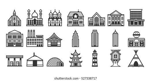 A set of various houses and building icons