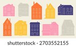 Set of various Houses. Paper cut cartoon minimal style. Flat design. Hand drawn Vector illustration. Isolated design elements. Building, sweet home, real estate concept