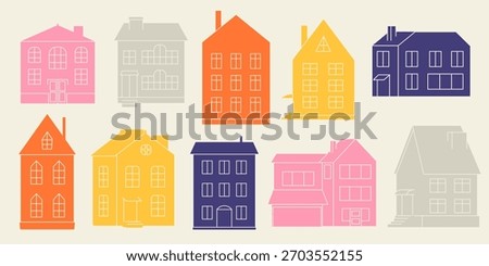 Set of various Houses. Paper cut cartoon minimal style. Flat design. Hand drawn Vector illustration. Isolated design elements. Building, sweet home, real estate concept