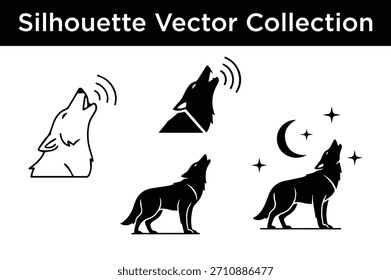 Un conjunto de varias siluetas de lobo aullando, incluyendo diseños de cuerpo completo y cabeza, con la luna y las ondas de sonido.