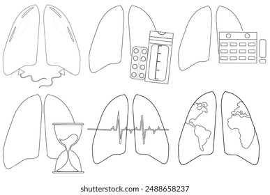 set of various human lung icons with different elements representing the importance of research, treatment, timely treatment and awareness, in line art style, cancer day icons