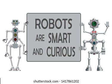 Un conjunto de varios robots humanoides. Los robots son inteligentes y curiosos. El futuro está cerca, los mecanismos cibernéticos pronto entrarán en nuestras vidas. Ilustración vectorial.