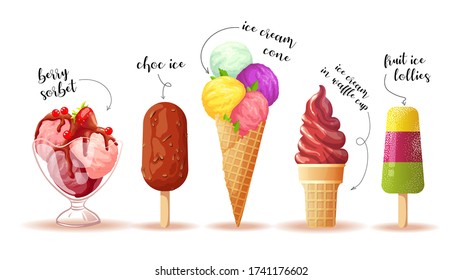 Set of various ice cream with captions on the white background. Ice cream parlor or shop, Sweet products, Dessert concept. Vector illustration for poster, banner, advertisement, commercial, menu. 