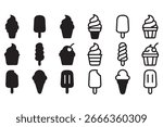 A set of various ice cream icons in a black and white outline style.