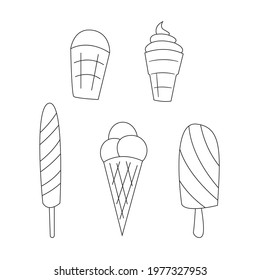 A set of various ice cream. on a stick and in waffle cups. Isolated contour black and white illustration in doodle style on a white background.