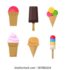 Set of various ice cream with popsicle, cone, scoops flat illustration