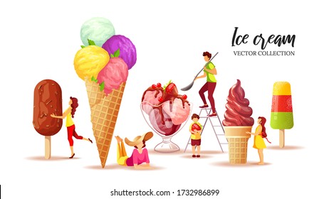 Set of various ice cream with tiny people on the white background. Ice cream parlor or shop, Sweet products, Dessert concept. Vector illustration for poster, banner, advertisement, commercial, menu. 