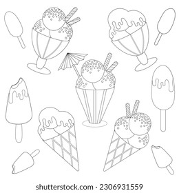 Set of various ice creams with black outline on a white background. Children's vector illustration for coloring book.