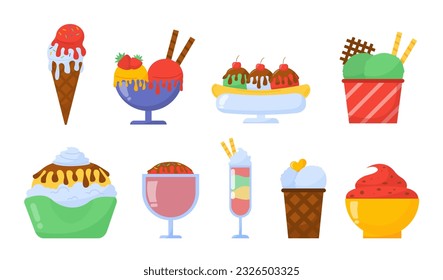 Set of various ice creams. Frozen desserts and delicacies. Balls with topping, dairy products. Sweet food for summer season. Cartoon flat vector collection isolated on white background