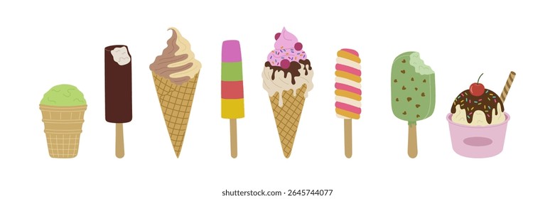 Set of various ice creams. Popsicle, waffle cones, fruit ice, sundae with nut. Sweet summer refreshing food. Hand drawn vector illustration isolated on white background, flat cartoon style.
