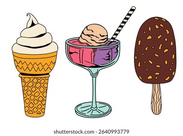 Set of various ice creams, waffle cone, popsicle, sundae. Colored sketch style hand drawn outline vector illustrations isolated on white background	