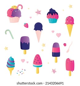 Set of various ice-cream with sprinkles and berries. Balls different ice cream in cup isolated on white background. Colorful cold sweet food icons, elements or signs template. Flat vector illustration