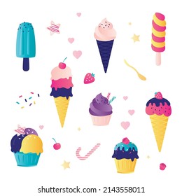 Set of various ice-cream with sprinkles and berries. Ice cream cones. Balls different icecream in cup isolated on white background. Colorful cold sweet food icons, elements template. Flat vector