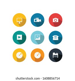 Set of various icon vector in circle shape background with long shadow style design