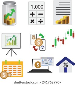 A set of various icons for business guidelines Financial industry business concepts Financial chart template for income, expenses, and investments