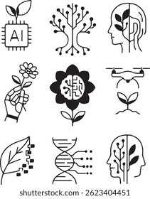 Conjunto de varios iconos que combinan la tecnología moderna y la naturaleza, a saber, la ecología, que muestran la biotecnología moderna