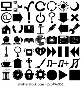 Set various icons, computer signs and buttons, black silhouettes isolated on white background. Vector