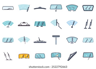 Set of various icons depicting car windshield wipers keeping the glass clean and clear