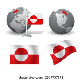 A set of various icons depicting the flag of Greenland in 3d style isolated on white. Vector illustration