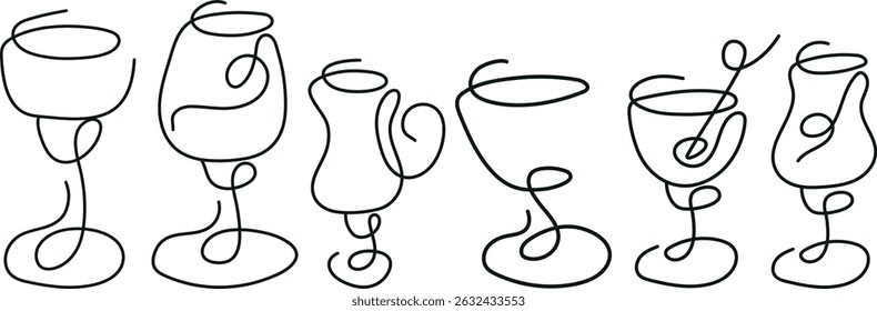 set of various icons with glasses for various drinks drawn with several lines in line art style