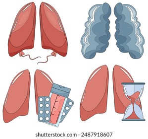 conjunto de varios íconos de los pulmones humanos delineados con diferentes Elementos y en diferentes Formas que simbolizan la importancia de la investigación, el tratamiento, el tratamiento oportuno y la conciencia, iconos del día del cáncer