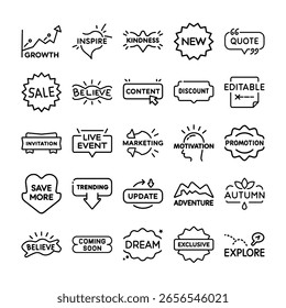 A set of various icons and labels with different themes and messages.