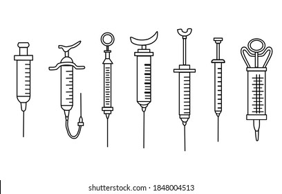 Set of various icons medical syringes. isolated on a white background. Vector linear drawing. Syringes for injections, infusions, flushes, and suctions. Illustration for medical books and web