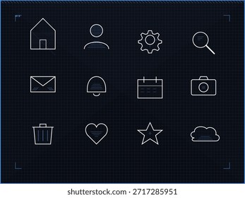 Conjunto de varios iconos en un fondo oscuro incluye casa, usuario, equipo, lupa, sobre, campana, calendario, cámara, papelera, corazón, estrella y Formas de la nube que se muestran en un formato de cuadrícula.