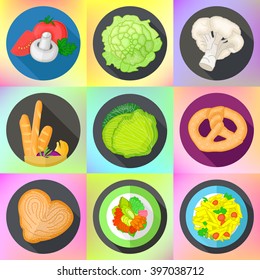 Set of various icons with vegetables, cauliflower and cabbage, bavarian bread, meat steak, italian pasta. Vector flat style pictograms collection of food.
