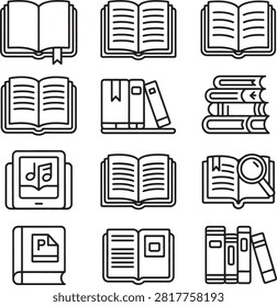 Set of various illustrated book and reading related icons on transparent background