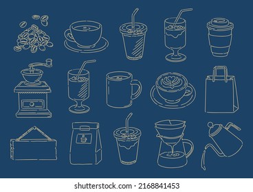 Set of various illustrations about coffee and cafes. Line drawings only. Dark background.