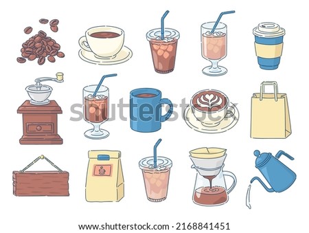 Set of various illustrations about coffee and cafes.
