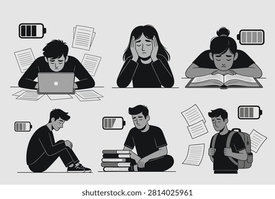 Set of various illustrations showing students feeling exhausted and burnt out with low battery icons above their heads while studying.