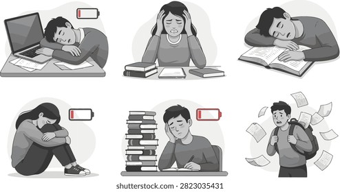 Set of various illustrations showing students feeling exhausted and burnt out with low battery icons above their heads while studying.