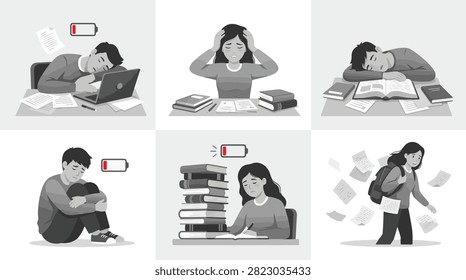 Set of various illustrations showing students feeling exhausted and burnt out with low battery icons above their heads while studying.