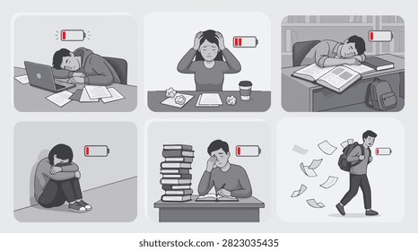 Set of various illustrations showing students feeling exhausted and burnt out with low battery icons above their heads while studying.