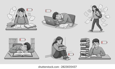 Set of various illustrations showing students feeling exhausted and burnt out with low battery icons above their heads while studying.