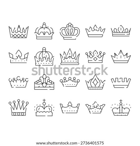 Set of various imperial headwear vector line art icons illustrating concepts of monarchy, power, luxury, achievement, and leadership, perfect for web or print design