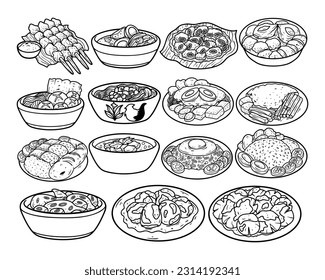 Montaje de varias ilustraciones hechas a mano por la comida indonesia