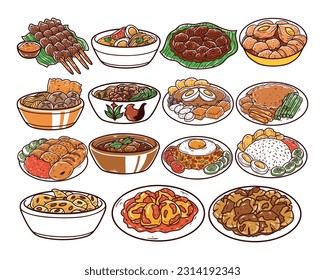 Montaje de varias ilustraciones hechas a mano por la comida indonesia