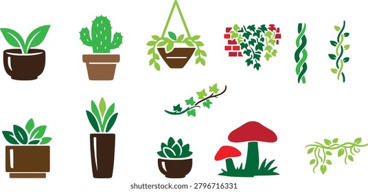 Set of various indoor and outdoor plants, potted succulents, hanging ivy, climbing vines, and mushrooms, flat vector icons collection