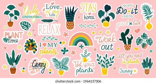 Set of various indoor plants and trend labels, stickers for diary or calendar, Signs, symbols, items for planner or organizer, cute, cool stickers.