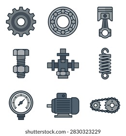 A set of various industrial mechanical components and parts including gears, bearings, pistons, bolts, springs, and motors.
